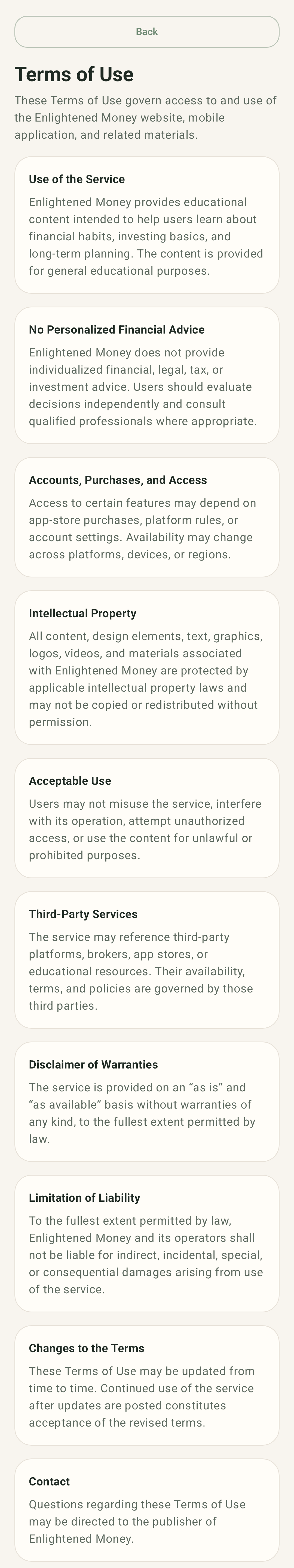 Terms screen on Android
