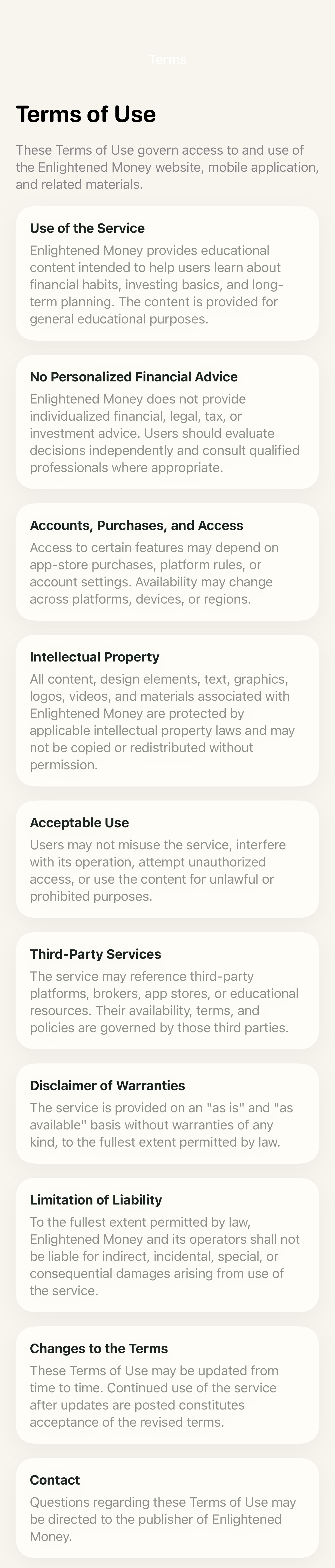 Terms screen on iPhone